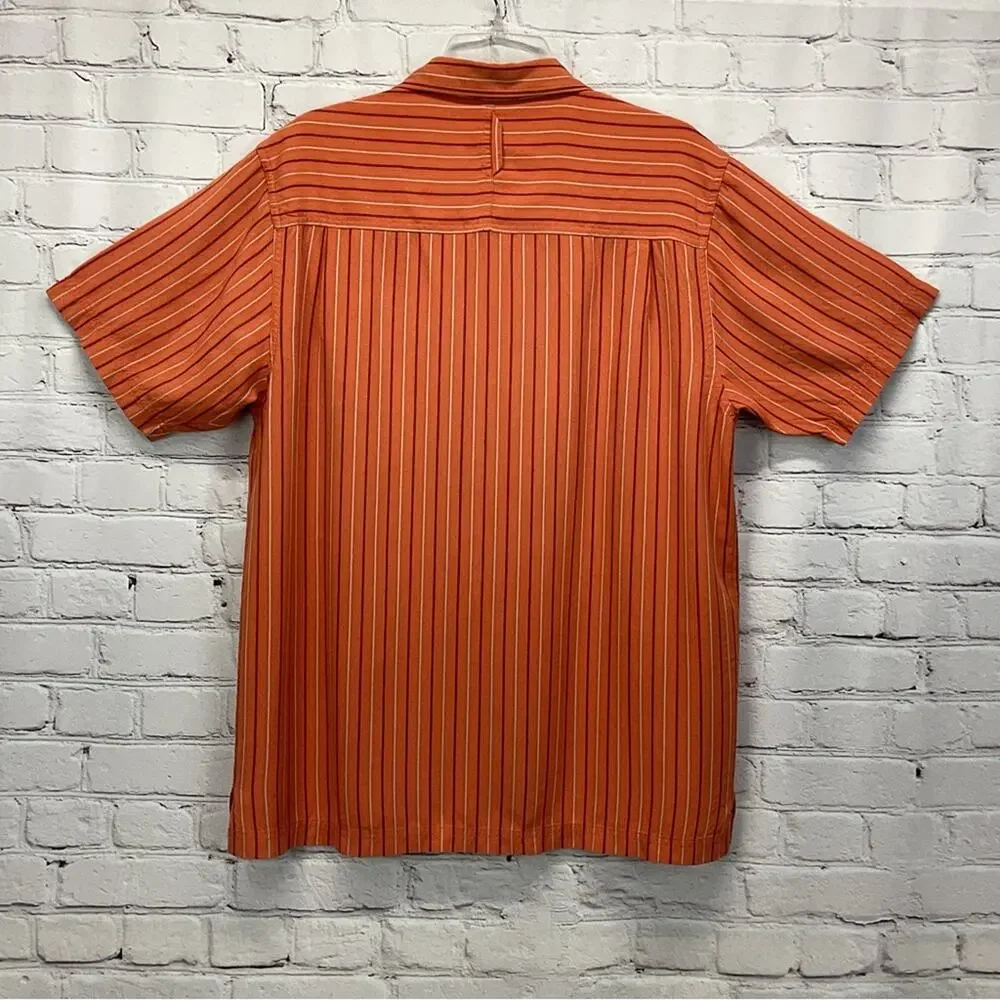 The North Face Button Up Shirt Men's Size Lg Rust Stripe Casual Front Zip Pocket